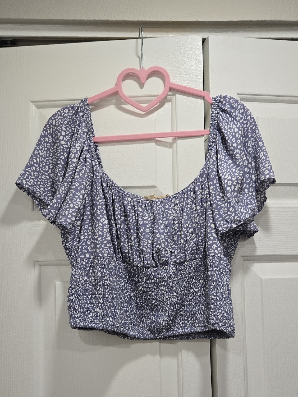 Blue Floral Boho Print Off-Shoulder Smocked Crop Top- lg NEW